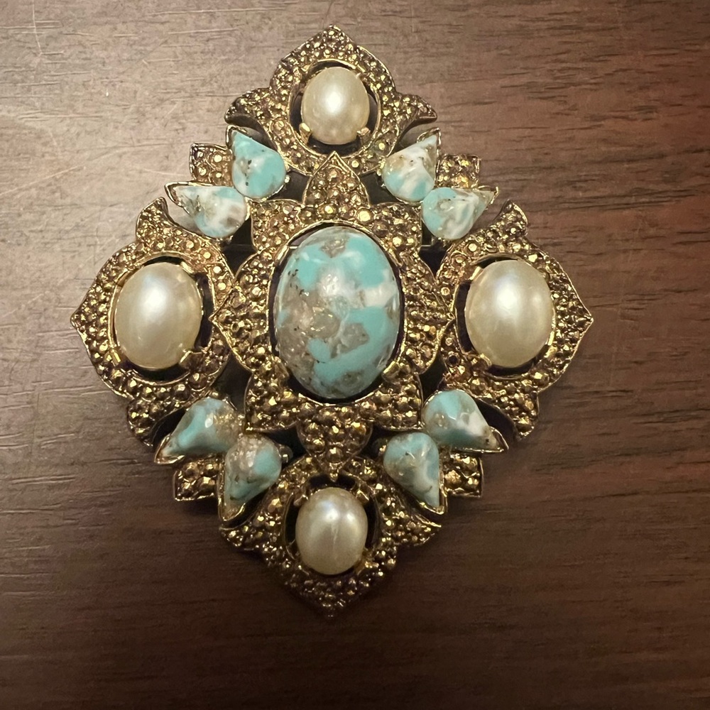 Sarah Coventry Gold-Toned, Faux Pearl and Turquoise Brooch